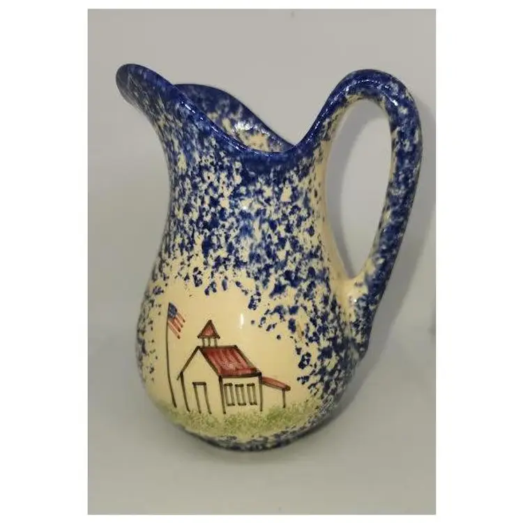MOLLY DALLAS BLUE PATRIOTIC PITCHER FOLK ART POTTERY SIGNED