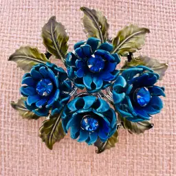 Vintage Coro HTF Blue And Green Enamel Rhinestone Flower Brooch READ