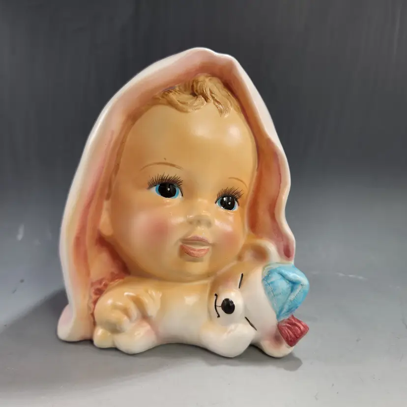 Enesco Baby Head Vase w Teddy Bear in Pink 1960s Big Eyes Bisque Porcelain Succulent Planter Kitsch - Japan