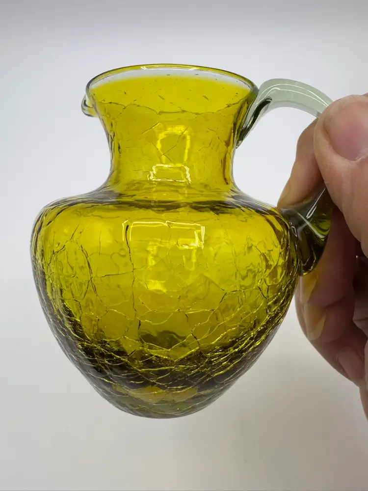 Vintage  Green Hand Blown Crackle Art Glass Small Pitcher