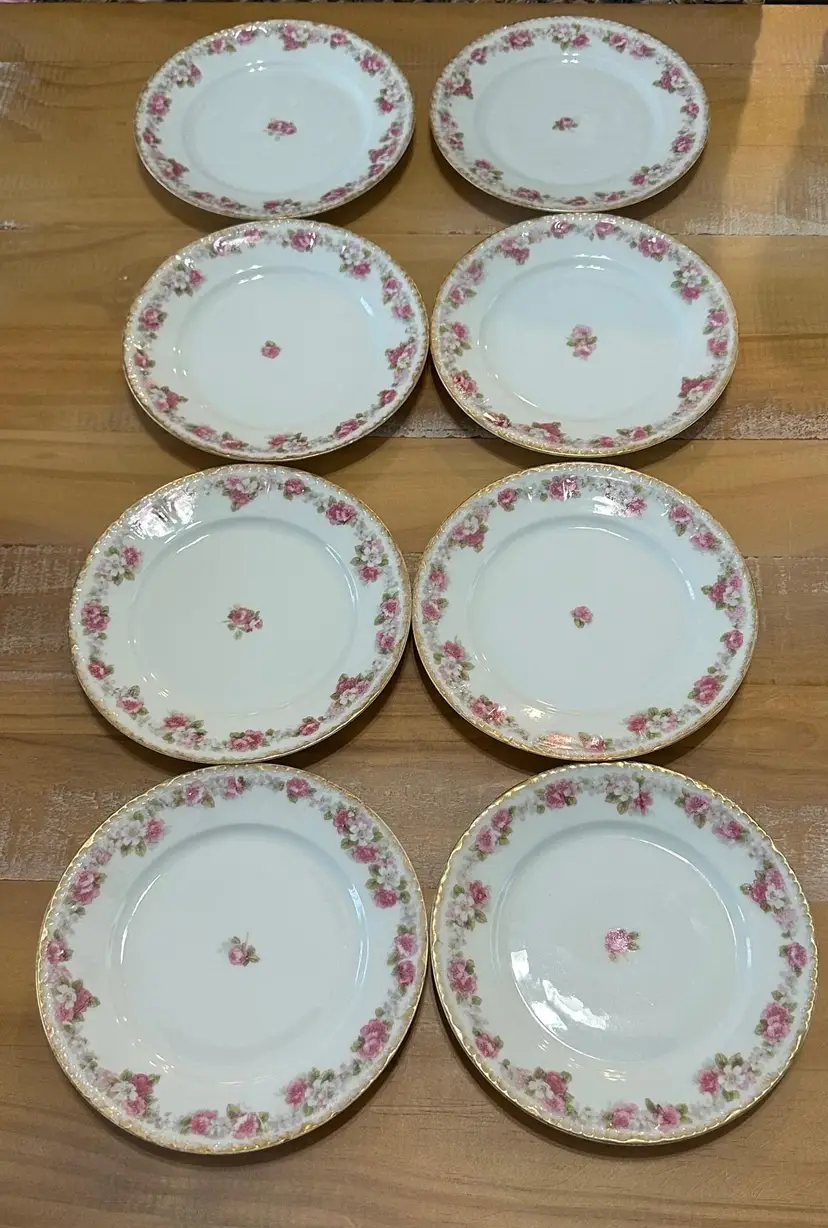 Set Of 8 Limoges Gerard Dufraisseix & Abbot (GDA) Pink & Gold Bread Plates Antique?