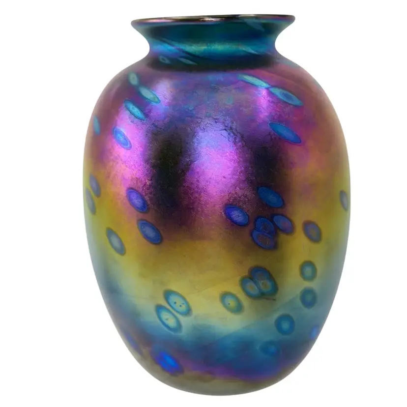 Vintage Arthur Allison Studio Art Glass Vase Purple•Gold•Cobalt Blue•Aqua Iridescent 
V3 125-W Signed
7.5” T x 5.25” W