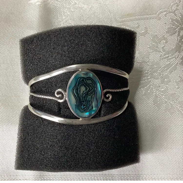 Vintage Mexican Alpaca Adjustable Cuff Bracelet Abalone Cabochon Sz 6 / 6.5