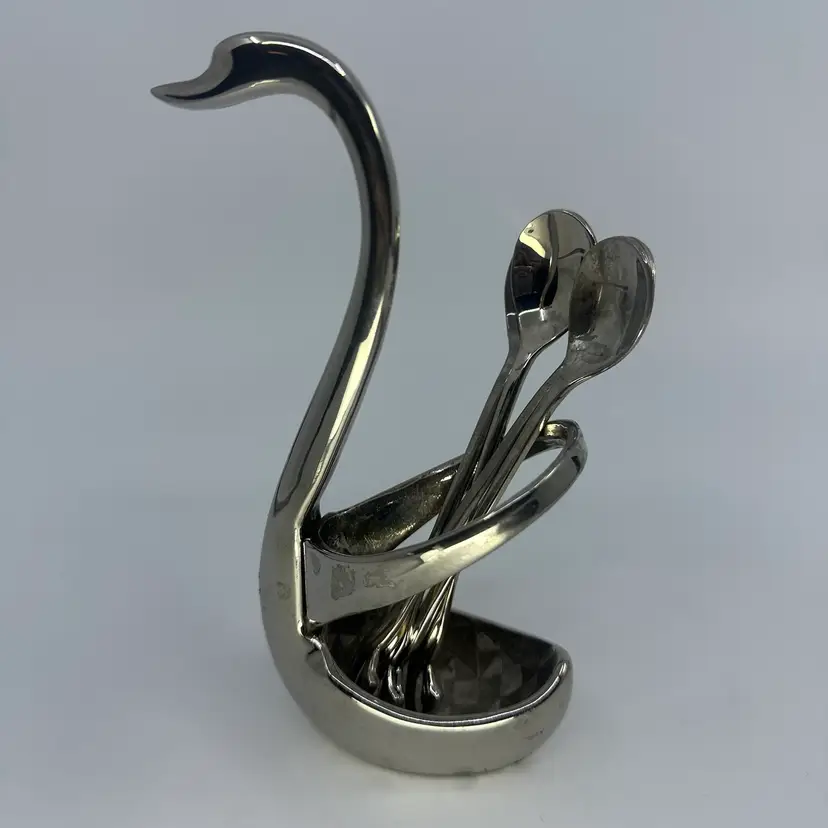 Silver Toned Swan Spoon Holder With 4 Spoons