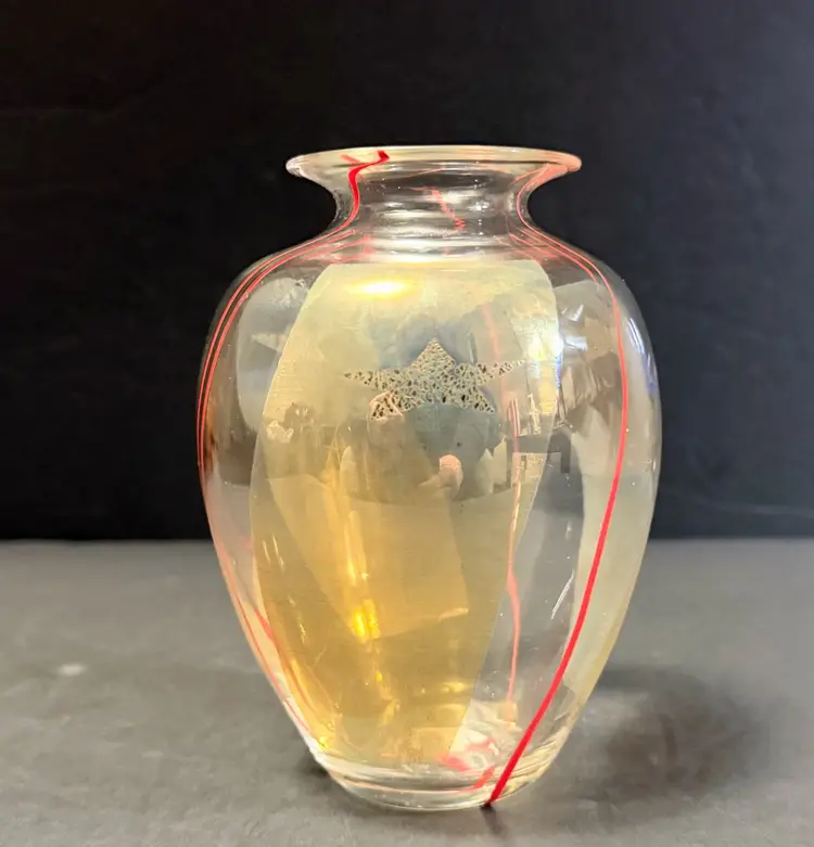 Vintage STUDIO PARAN GLASS VASE Gold Flakes, Stars And Red Lines  5 1/2 X 4"