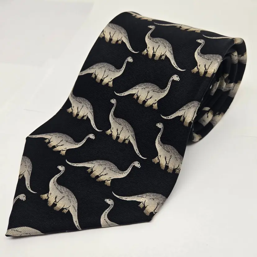 Austin Grey 100% Silk Tie, Black, Dinosaurs