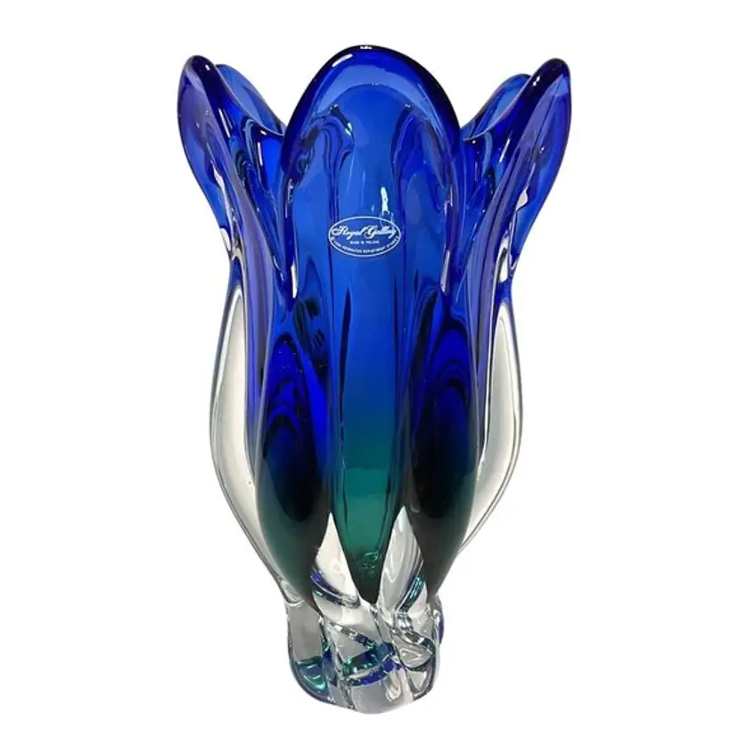 Vtg Art Glass Tulip Vase Blue Green Made in Poland Very Heavy Royal Gallery 9.5”