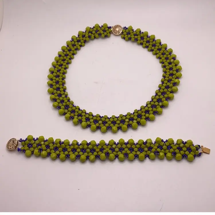 Green & Purple Bead Choker Necklace and Bracelet Set with Gold Filled Filigree Clasps Artisan Made