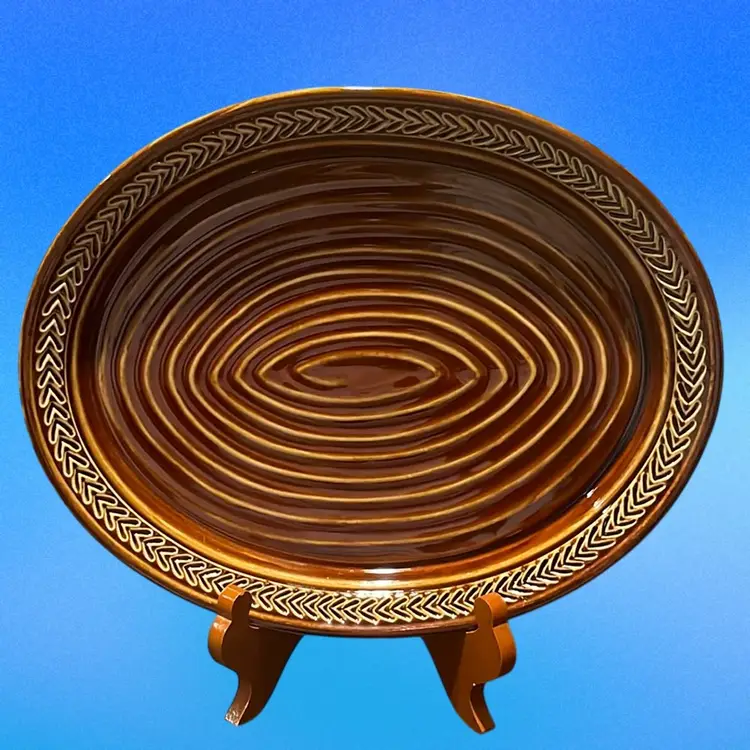 vintage Hall Pottery #2641 Brown Matte Finish Spiral and Laurel Design Oval Platter. 13 x 10”
