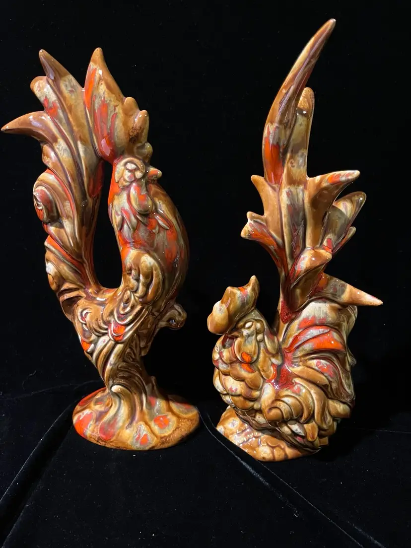 1556-Vintage Glazed Rooster And Hen