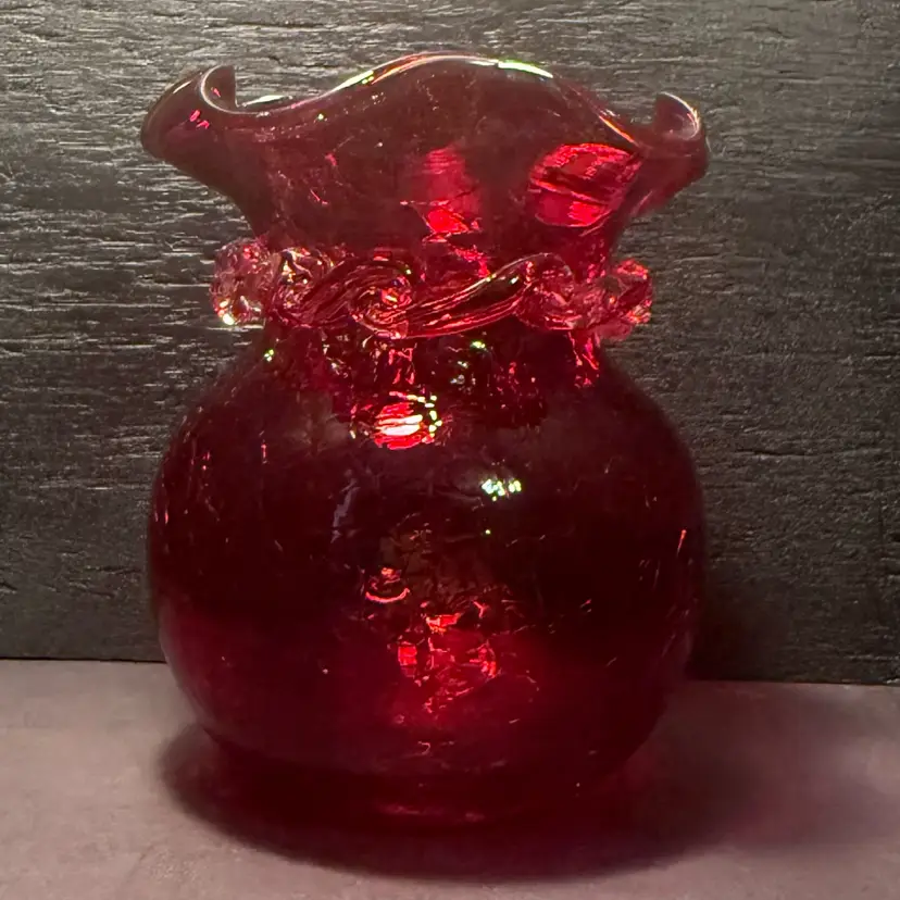 Vintage Mid-Century 5” Ruby Red Crackle Glass Vase – Hand Blown with Applied Clear Rigaree