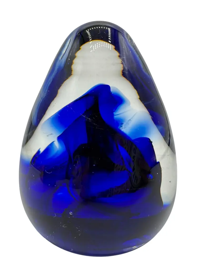 Signed RS Studio Art Glass Paperweight Egg Shaped Cobalt Blue Clear Swirl 96 3”