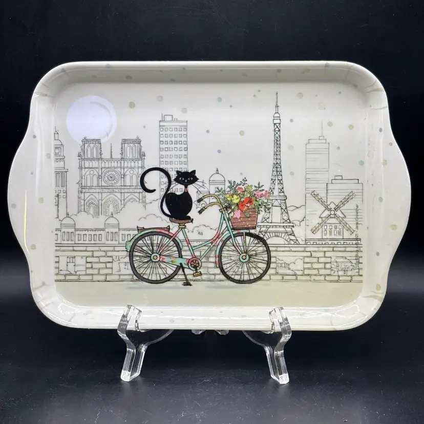 Mini Melamine Eiffel Tower Black Cat On Bicycle Tray 5.5”x8.5”
