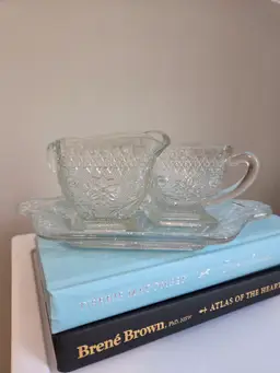 Vintage Indiana Glass "Sandwich" pattern clear glass creamer and sugar set