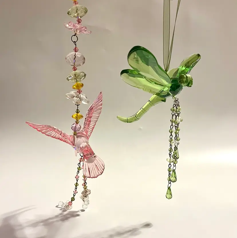 Acrylic Dragonfly & Hummingbird Hanging Suncatcher Ornaments Beaded LOVELY!