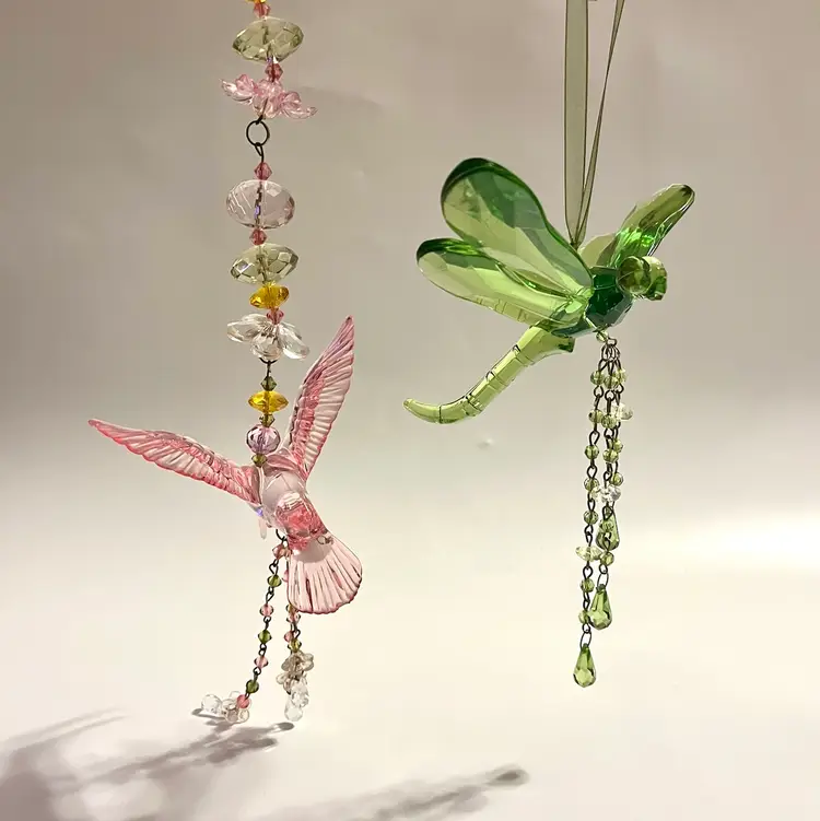 Acrylic Dragonfly & Hummingbird Hanging Suncatcher Ornaments Beaded LOVELY!