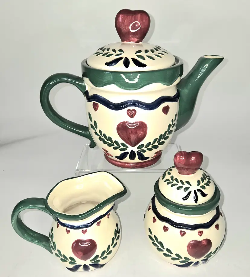 69  Tea Set PA Dutch Handpainted Ceramic Tea Pot Creamer Lidded Sugar USA
