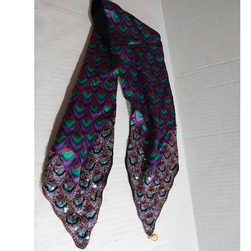 Vintage Lulu Guinness Silk Beaded & Sequined Oblong 38" x 6" Scarf With Charm