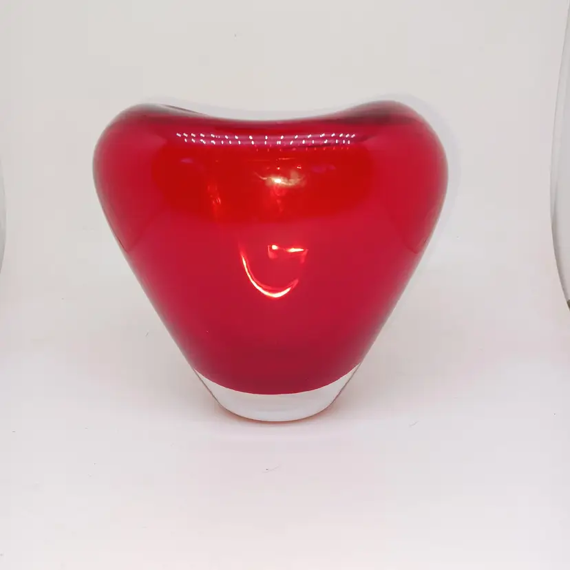 Hand Blown Red Love Heart Shaped Sommerso Art Glass Vase Vintage 5in