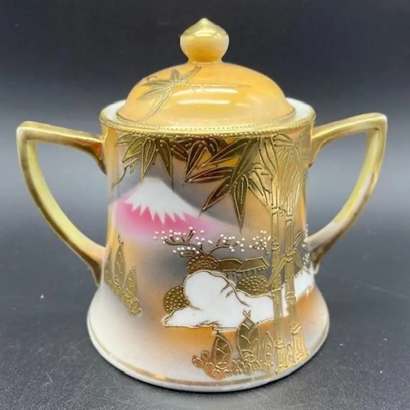 Japanese Hand-Painted Lidded Vintage Sugar Bowl with Scenic Asian Design