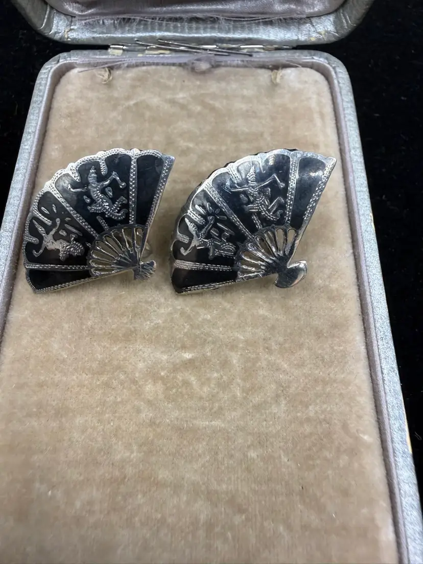 Siam sterling silver nielloware fan-shaped earrings