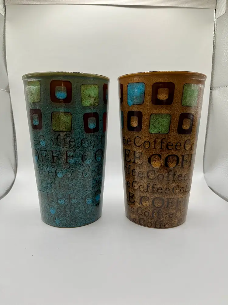 Gibson Ceramic Mr. Coffee 13 Oz Multi Color Tumbler Pair Brown Teal 6”
