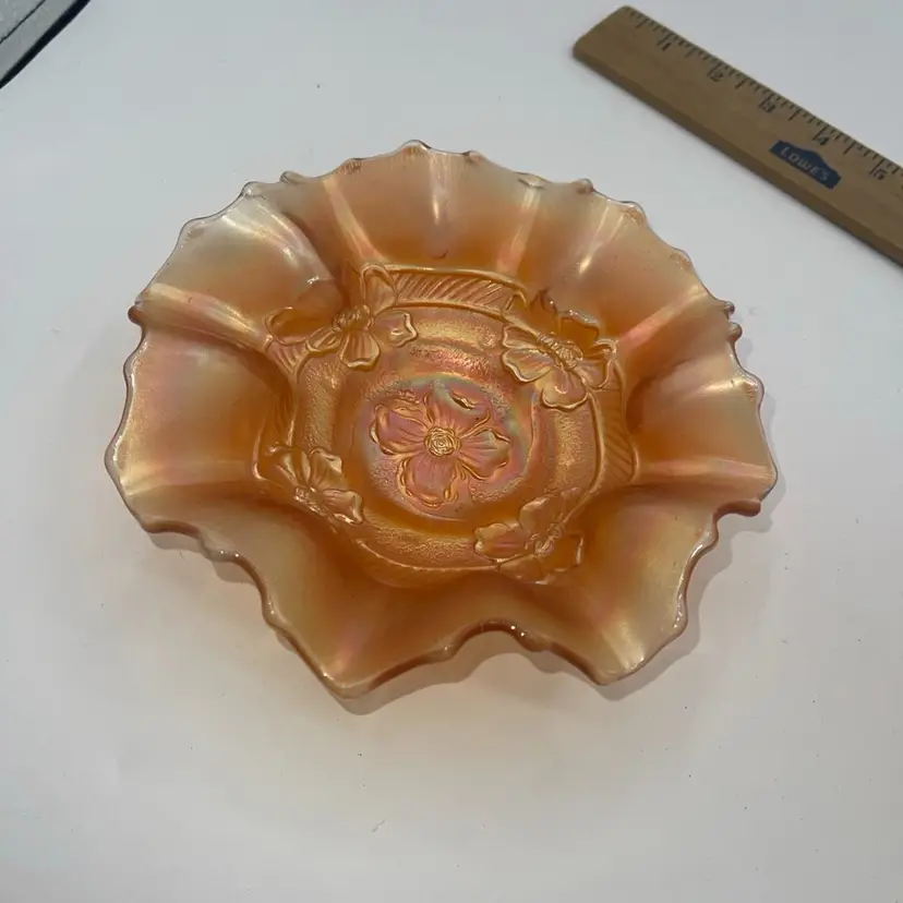 VTG Carnival Marigolds Dogwood Apple Blossom Ruffled Rim Bowl Iridescent Glass