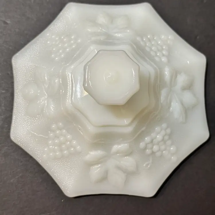 #824 Vintage White Milk Glass Hexagon Pedestal Covered Compote Candy Dish Grape And Leaf Design