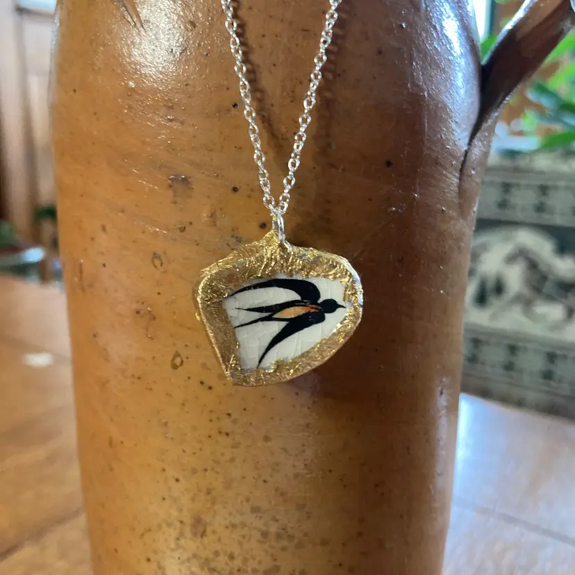 Broken Pottery Artisan Made Swallow Pendant Wells Plate Handcrafted Necklace 1 in x 7/8 in