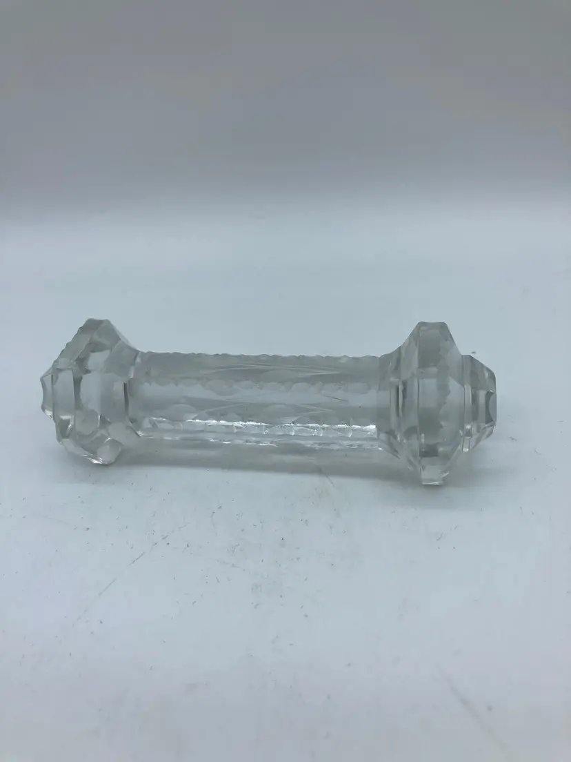 Small Vintage Crystal Brilliant cut glass barbell-shaped knife rest with leaf cut design