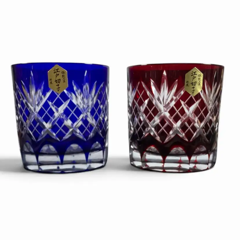 Edo Kiriko Mini Rock Glasses by Kagami Crystal Red & Blue Cut To Clear Set Of 2