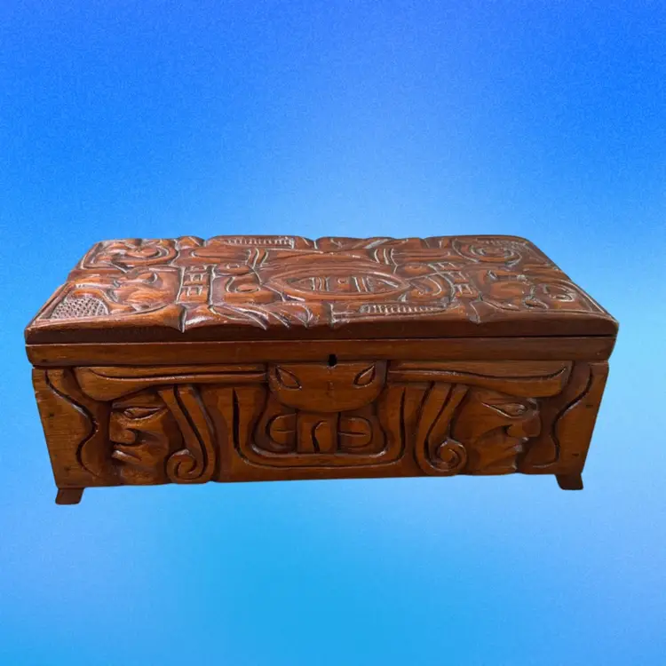 Vintage Hand Carved Wooden Mayan Motif Box, Honduras Signed - As is