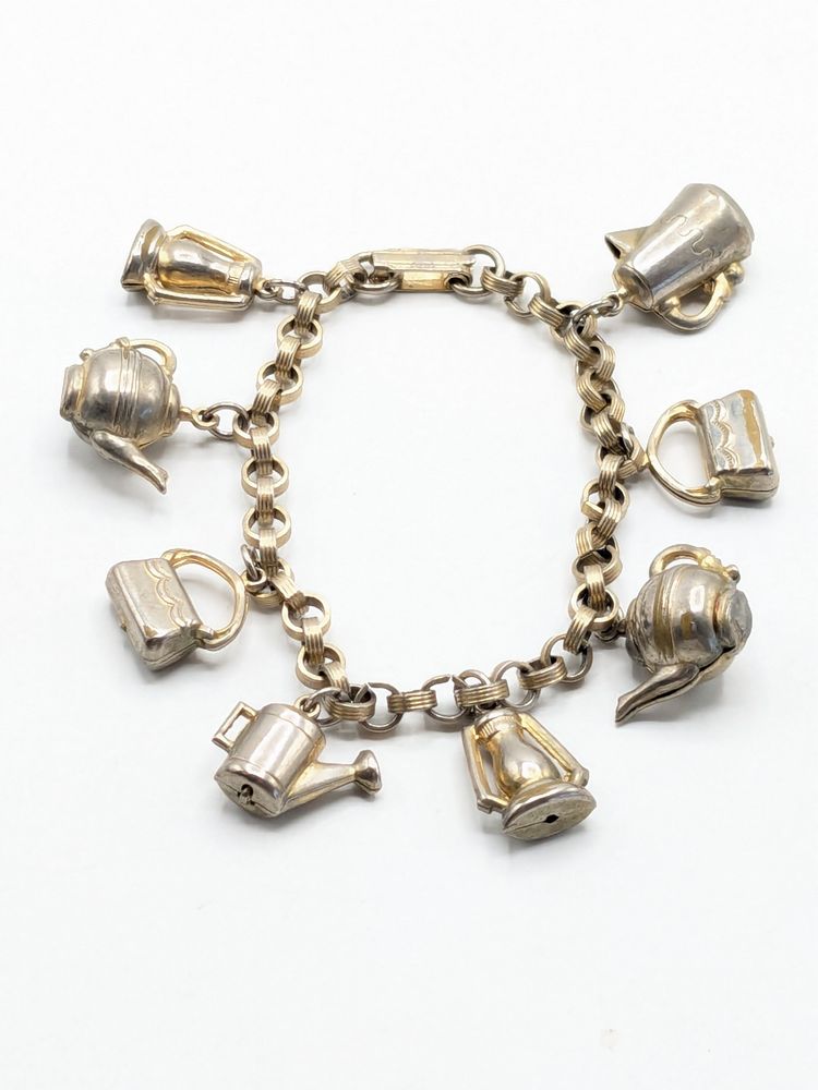 Vintage Coro Silver Tone Tea Coffee Pots Charm Bracelet