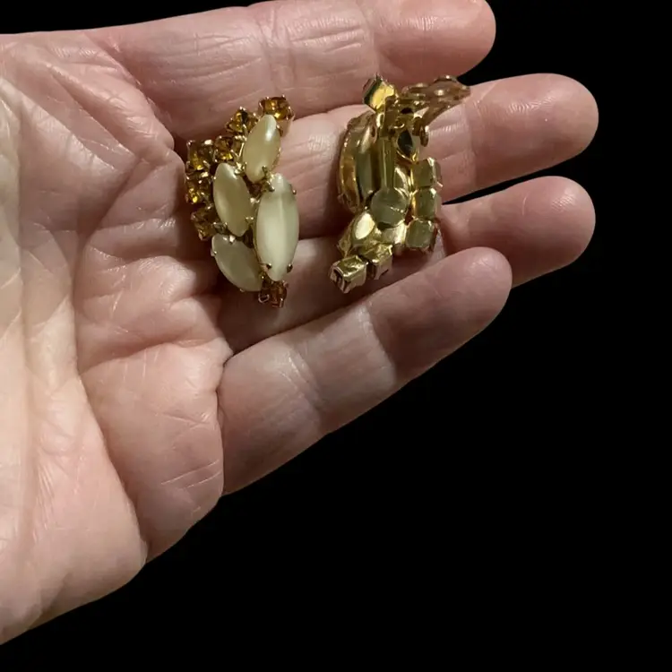 Vintage Goldtone Clip Earrings With Cream / Off White Cats Eye  Glass Rhinestones. & Citrine Color GL Rhinstones. Ear Climbers.  Not Signed