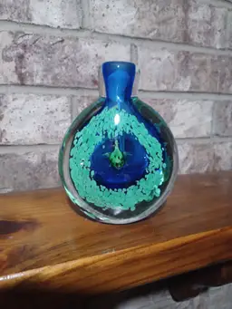Cobalt Blue Art Glass Sea Turtle Paperweight Bottle Murano Style Hand Blown Green Accents