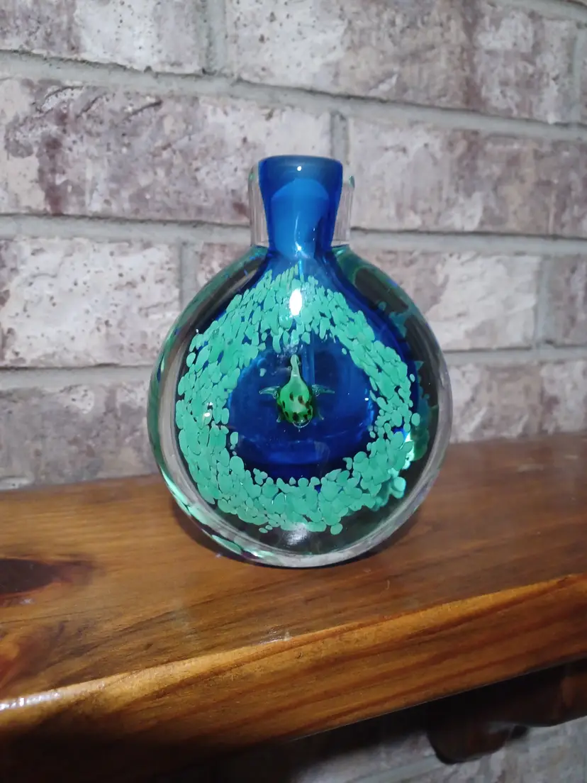 Cobalt Blue Art Glass Sea Turtle Paperweight Bottle Murano Style Hand Blown Green Accents