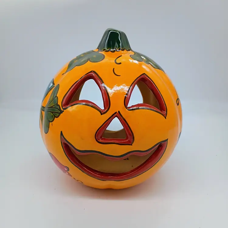 Talavera Mexican Folk Art Pottery Jack O' Lantern Carved Pumpkin Candle Holder.