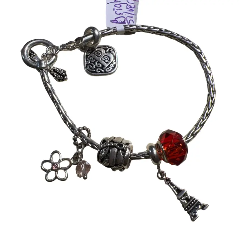 Brighton 7.5” Silver Plated Woven Charm Bracelet With Toggle Closure And 5 Bright Charms Jewelry Name Brand Quality