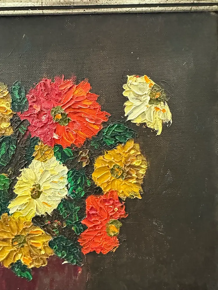 Original Oil Painting Moody Floral Arrangement Florals Wood Frame Signed