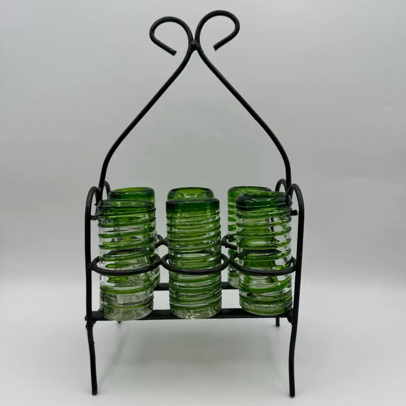 Art Glass Green Spiral Shot Glasses Hand Blown With Iron Caddy Holder w/ Handle Mexico Set Of 6
