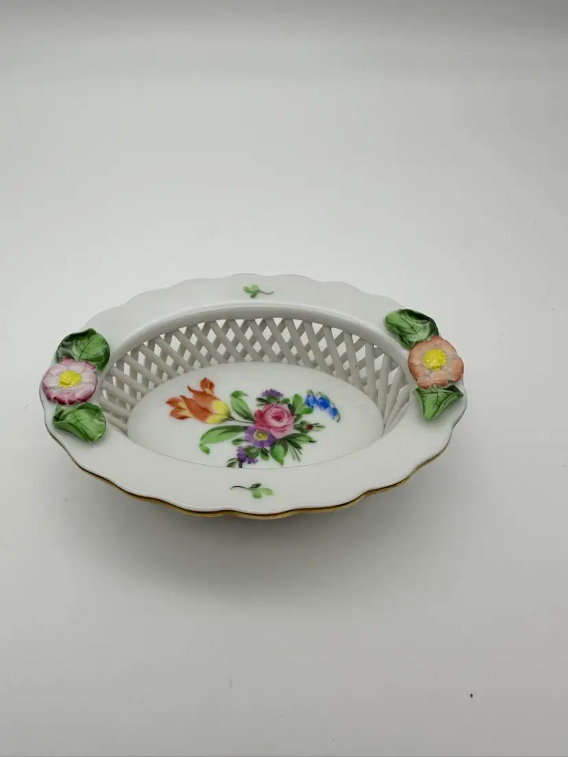 Herend Hungary Oval Weave Basket Trinket Dish #7381 Florals