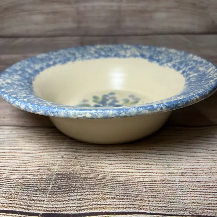 East Texas Pottery Marshall Blue Spongeware Flowers 8.5” Rimmed Bowl Serving