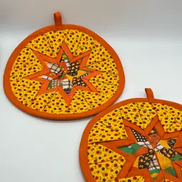 Quilted Pot Holder Set of 2 Orange Handmade Vintage | 8.5”