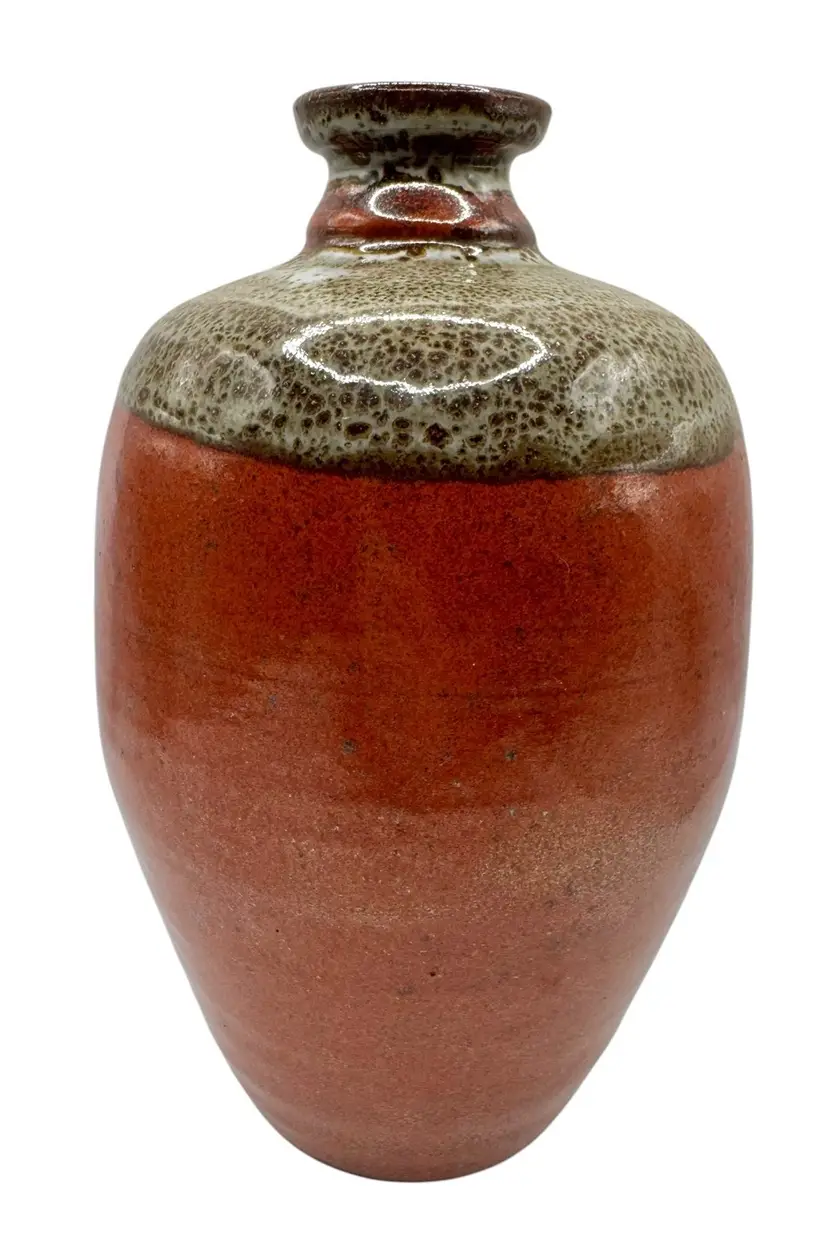 Signed S Vognar Studio Art Pottery Vase Red Brown Beige Speckled Stoneware 7.5”