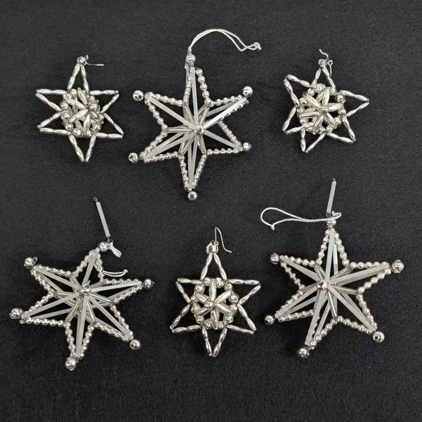 Vintage Set of 6 Christmas Silver & White Glass 3D Star Ornaments Czech Republic