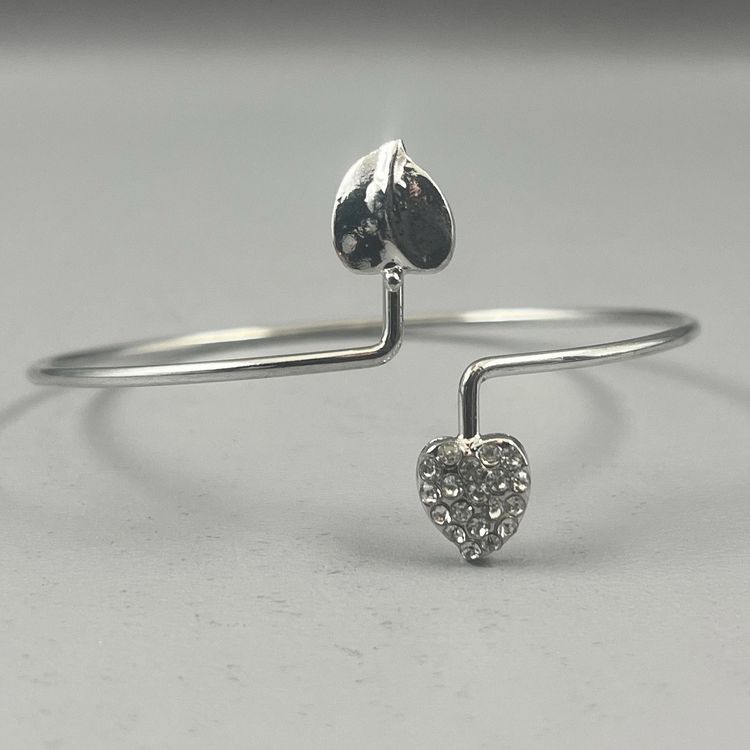 Silver Tone Double Heart Bangle Bracelet With Rhinestones 3"