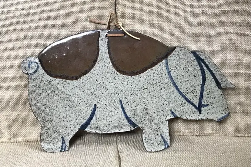 Vintage Signed T Sokolow Art Pottery Speckled Pig Wall Hanging Farmcore