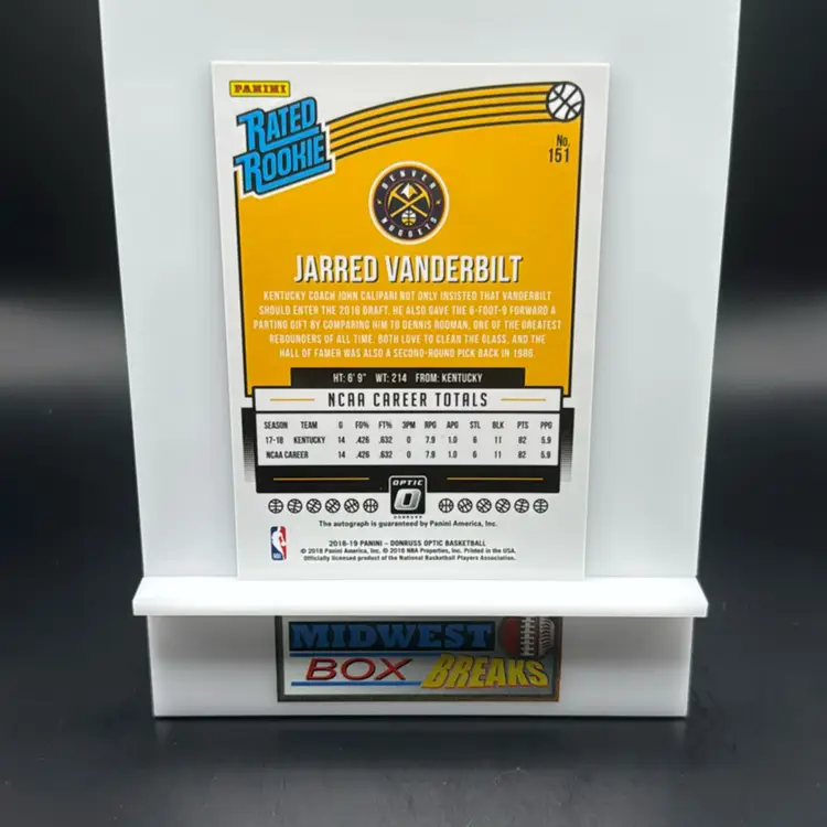 Jarred Vanderbilt Auto Rated Rookie 2018-19 Donruss Optic Denver Nuggets MBBCRD