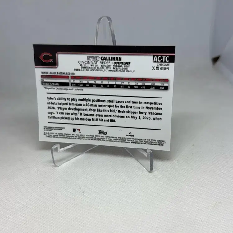 Tyler Callihan 2025 Topps Chrome Update Series Baseball #AC-TC RC Auto Cincinnati Reds