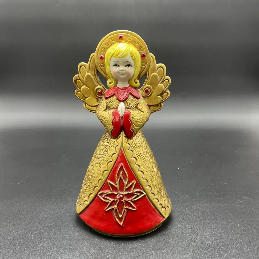 Gold Red Jeweled Angel Christmas Holiday Religious Holy Figurine Kitsch